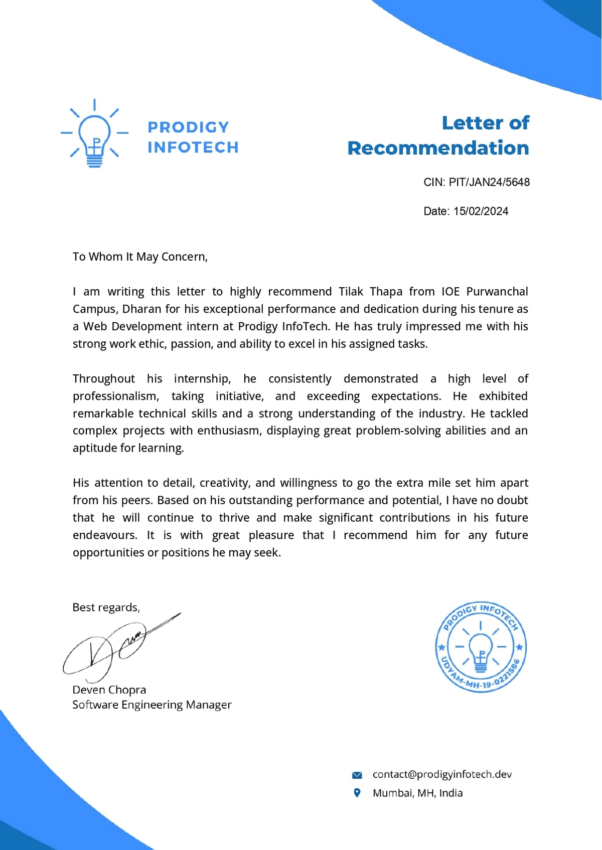 Letter of Recommendation - Prodigy InfoTech